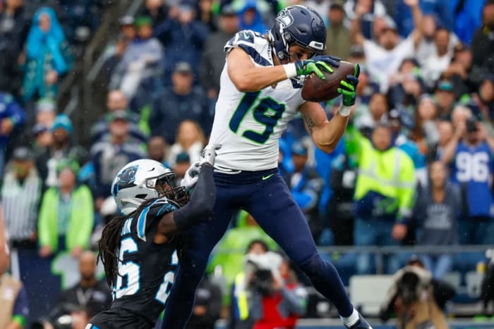 Seattle Seahawks rookie receiver Jake Bobo catches a touchdown against the Carolina Panthers.